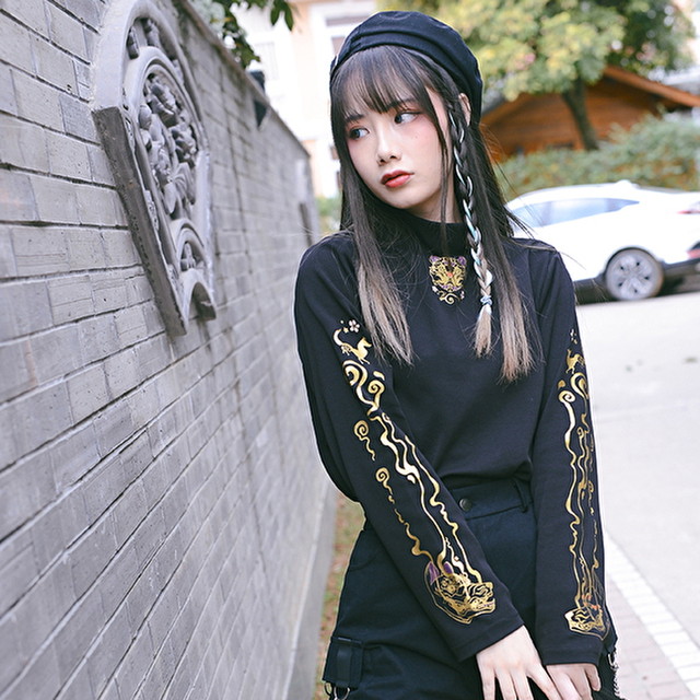 天使と悪魔 古怪舎 レトロ 長袖 Tシャツ スリーブロゴ 猫キャラ 病みかわいい 中華風 地雷系 バンギャ ストリート系 原宿系 オルチャン 10代 代 天使と悪魔 サブカル系ファッション Seasonz