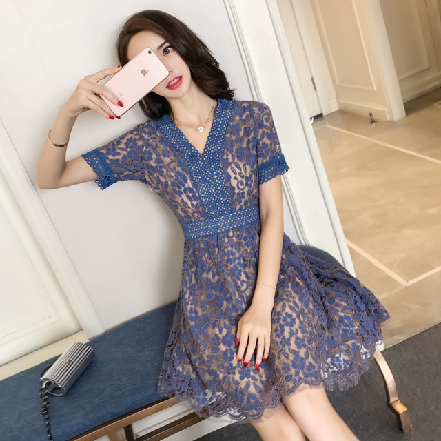 美しいレース 総レース Vネック ワンピース 半袖 ブルー 膝丈 ミニドレス 結婚式 披露宴 二次会 お呼ばれ デートに 上品 Garage Diva 106