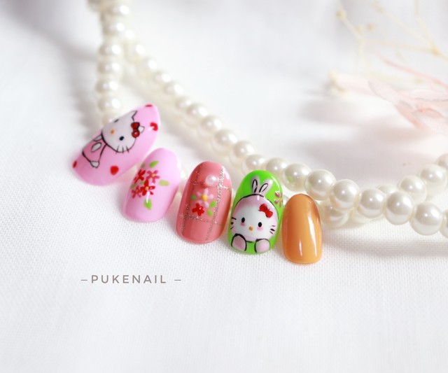 Pukeネイル No 323 手書き可愛い ピンクハローキティネイルチップ ネイルチップ つけ爪 購入ならpuke Nail