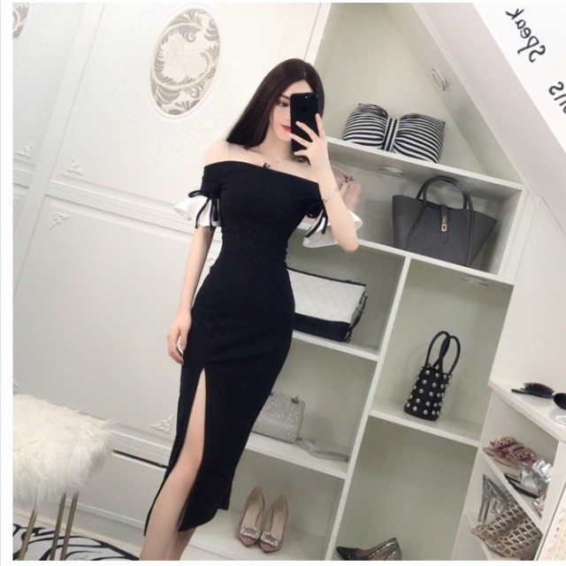 ボートネック ワンピース ボートネック ロングワンピース スリット入りドレス 黒 白 レディース スリム ヒップパック タイトワンピース Basecamp49