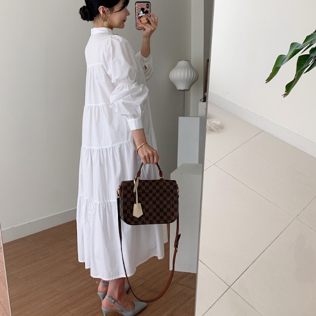 全2色 レディース ワンピース パフスリーブ ロング丈 マキシ丈 シャツワンピ ナチュラル カジュアル ホワイト ブラック Favoriteselect