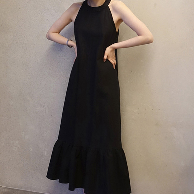 K00470 ワンピース ロングワンピース 上品ワンピース アメリカンスリーブ ノースリーブ フレア ロング丈 ブラック 黒 大人 In The Moon