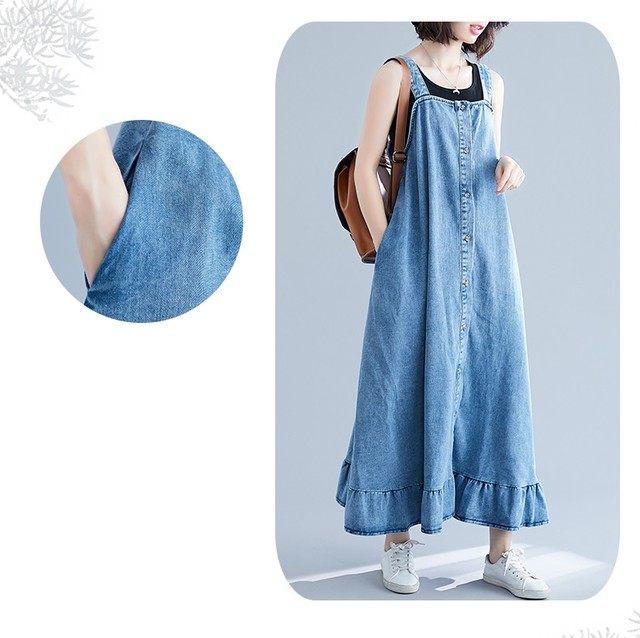 送料無料 デニム サロペットスカート 大きいサイズ レディース ワンピース 秋 夏 ワンピース デニム ロング丈 マキシ丈 ノースリーブ 無地 大きいサイズ マタニティ ワンピース 春 夏 授乳服 ノースリーブワンピース ゆったり フレア カジュアルお出かけ 3l ブルー E6