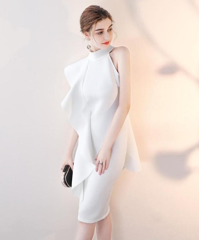 ホルターネック ハイネック フレア 膝丈 タイト パーティードレス セクシー ホワイト 白 上品 大人 代 30代 パーティー お呼ばれ 二次会 謝恩会 ピアノ演奏会 A061 Hollys Design