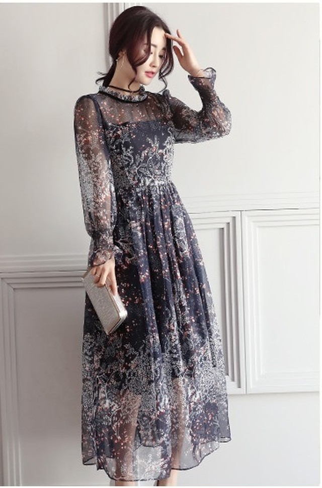 Drsb V0038 マキシ丈 ワンピース 花柄 シフォン ワンピース 長袖 結婚式 ドレス お呼ばれ ワンピース 袖あり パーティードレス 二次会 代 黒 19新作ドレス Onlythebestオンリーザベスト