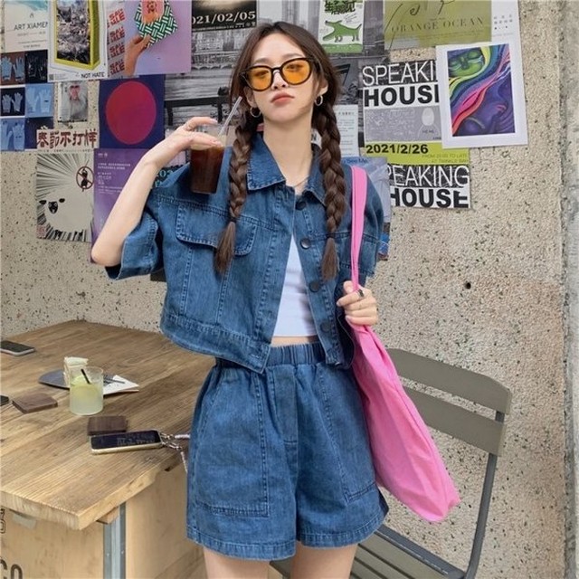 デニム セットアップ レディース 韓国 ファッション 夏 レディース 上下セット おしゃれ 半袖 ショートパンツ デニムジャケット 半袖 韓国服 レディース Vestito