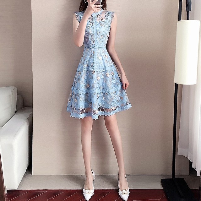 レースワンピース ブルー La Merfe 特別な日のお洋服 演奏会ドレス パーティードレスのセレクトショップ ラメルフェ