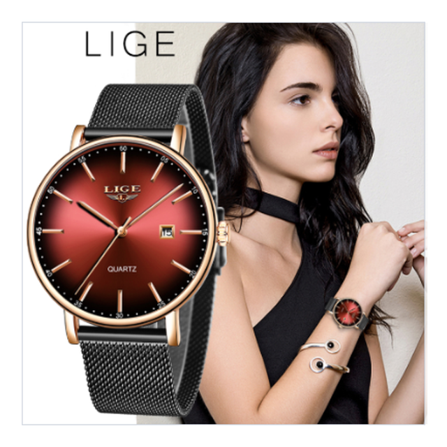 Lige 腕時計 レディース 防水 クォーツ 薄い 日付表示 ステンレスメッシュベルト 海外トップブランド 9934 エレガント 3色展開 Happy Hobby あなたのベストが見つかるお店