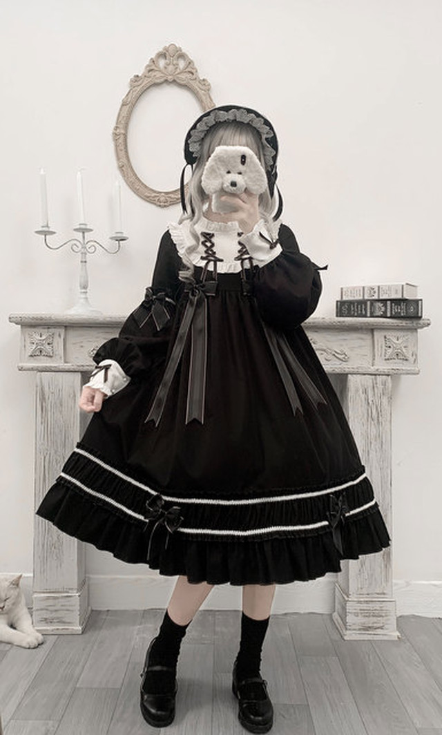 ロリータ ワンピース 長袖 黒ロリ クラロリ 甘ロリ ゴスロリ ハイウエスト 病みかわいい コスプレ 原宿系 黒 リボン Heart Mart