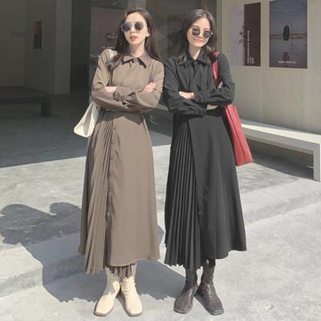全2色 ワンピース きれいめ レディース 袖あり 春秋 かっこいい ワンピ プリーツ ロング丈 ドレス シャツワンピース カーキ ブラウン ブラック 黒 長袖 クール おしゃれ カジュアル 体型カバー スタイリッシュ こなれ感 脚長効果 代 30代 40代 50代 Like Fashion