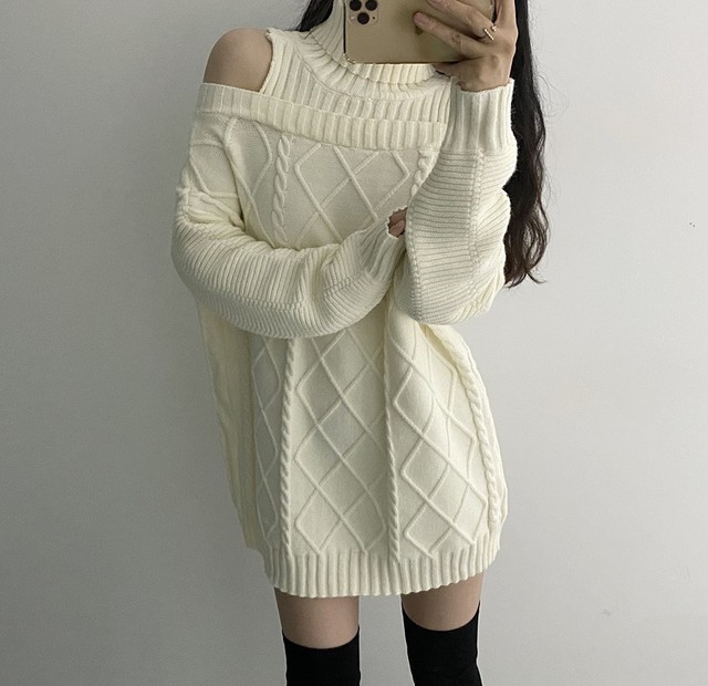 秋 冬 レディース ワンピース ニット ゆったり 肩出し かわいい デート ハイネック ルーズ ショルダー 韓国 きれいめ プチプラ Ao 2 6 Dress Sugar Moon