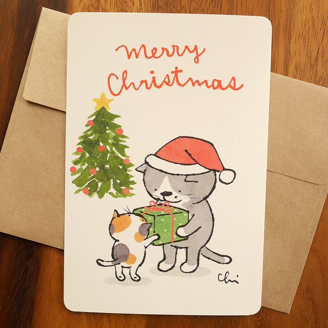 グリーティングカード クリスマス サンタのプレゼント 封筒付き Necoya