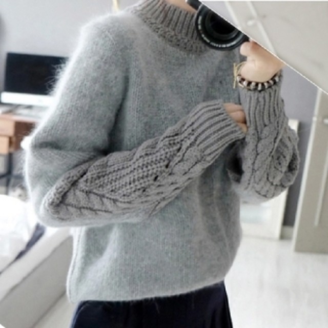 即納 タートルネックセーター ニット ケーブルニット トップス もこもこ かわいい やわらかい 長袖 グレー Mikarosso