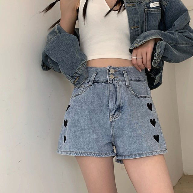 Bottoms 注目の新作ハート柄韓国系ハイウエストデニムショートパンツ Nanastyle