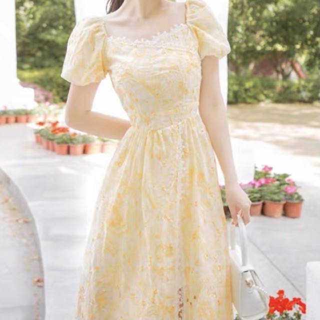 No 772 フラワープリント ワンピース スクエアネック フロントスリット 透け感 上品 フェミニン 韓国のプチプラレディース 子供服ショップ Sourire