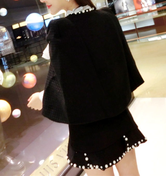 3点セット セットアップ ケープ ブラウス リボン 黒 ブラック パール ビジュー ミニスカート お嬢様系 ワンピ おしゃれ デート服 K0 Koreanplus 韓国ファッション コリアンファッション オルチャンファッション