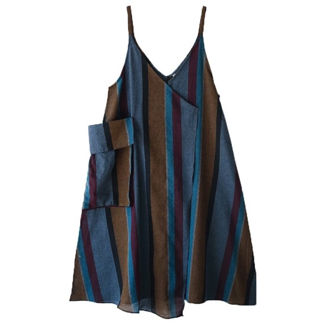 ゆったり着心地がいい マルチストライプワンピース 着物 和柄 縦縞柄 青茶 コットンリネン 自然とゆったり暮らす服 キトイツカ