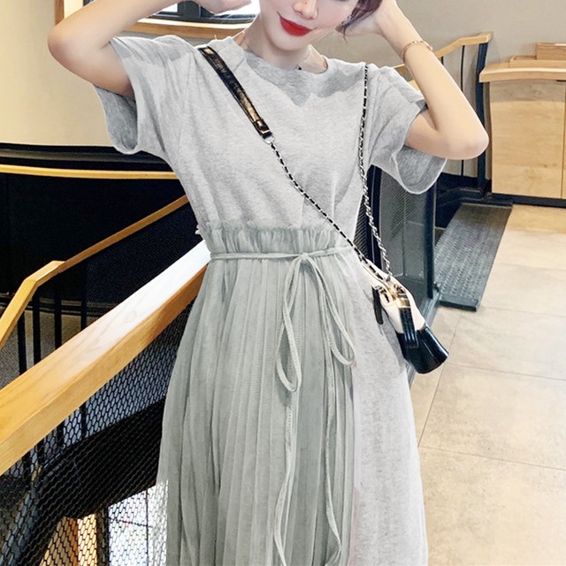 チュール付膝丈ウエスト絞りtシャツワンピース Cuteis