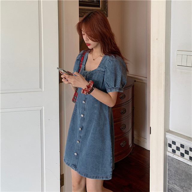 送料無料 デニムワンピース デニム バブルスリーブ スクエアネック ミニ丈ワンピース フロントボタン サマーワンピース カジュアル Sunrise0911