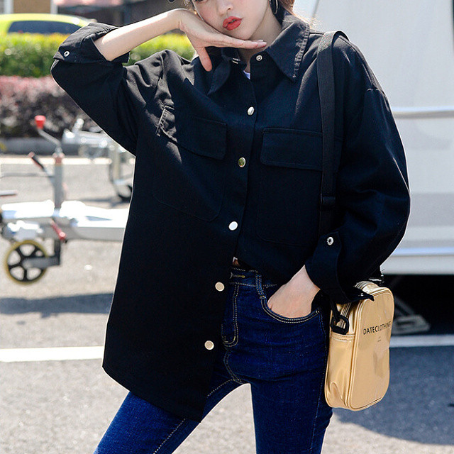 即納 Cpoジャケット ライトジャケット ビッグ シャツ 長袖 胸ポケット ミリタリー ドロップショルダー シャツジャケット ゆったり 体型カバー レディース アウター トップス M L 黒 ブラック ベージュ Ns 0664 Daily Closet