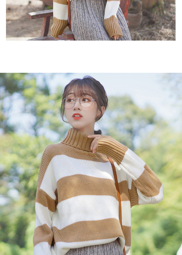 タートルネックセーターレディース秋 冬厚くタートルネックゆるい学生ストライプベースニットトレンド オータム 秋物 ウィンター 冬物 シャツ１ Pullover