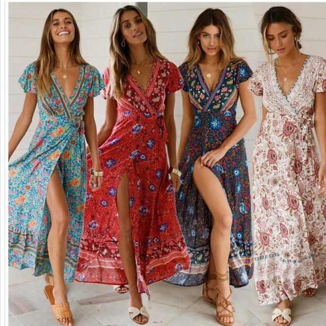 夏物ワンピース トレンド 夏物 売れ筋 ワンピース ロング丈 ラップワンピース ドレス Vネック アジアン エスニック 花柄 半袖 マキシ丈 Basecamp49