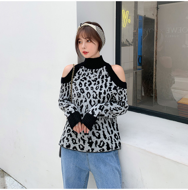 レディース秋冬 大人カジュアル 肩だし ボトルネック レオパード ヒョウ柄 長袖 ニット ゆったりスリム かっこいい メンズライク 派手かわ 楽ちん 楽 ラフ ブラウン ブラック フリーサイズ アメカジ ストリート系レディース韓国オルチャンファッション通販ショップ