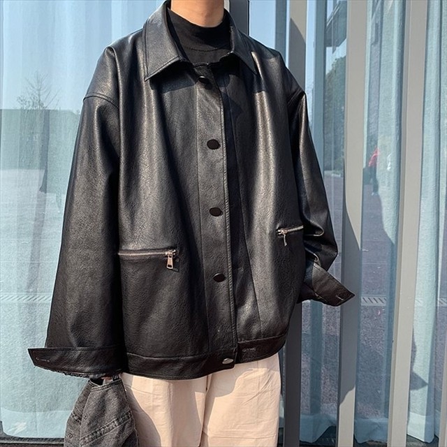 レザージャケット オーバーサイズ ブルゾン ジップアップジャケット ブラック 長袖 フロントファスナー アウター フェイクレザー ライト 春 秋 冬 メンズ ルーズ 10代 代 30代 M L Xl 2xl 取寄 発送目安14 21日営業日 Laff Store For Men ショップ情報 配送