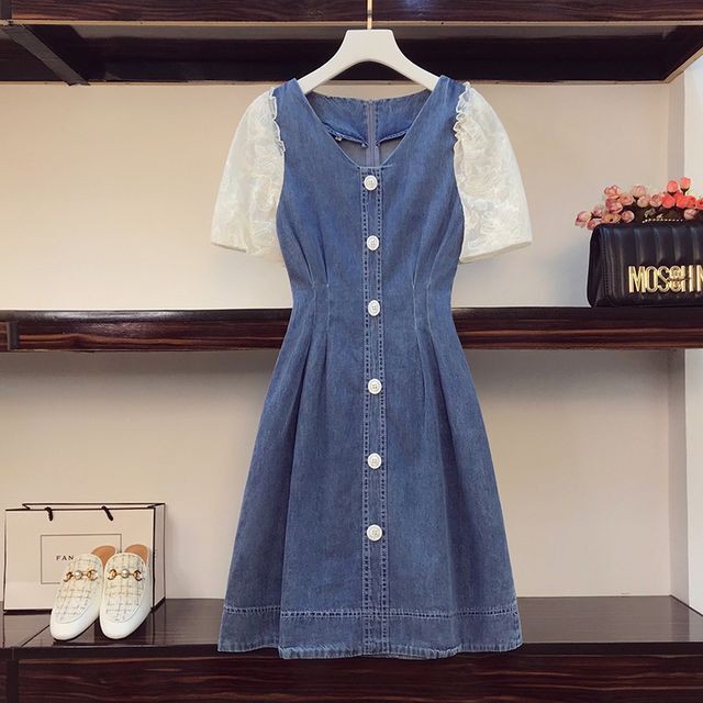 レディース ワンピース 秋 冬 半袖 デニムレースワンピース レース袖 フロントボタン Aライン ひざ丈 フェミニン ガーリー 大人ガーリー 大人カジュアル カジュアル 秋冬 Ukiukionepicec