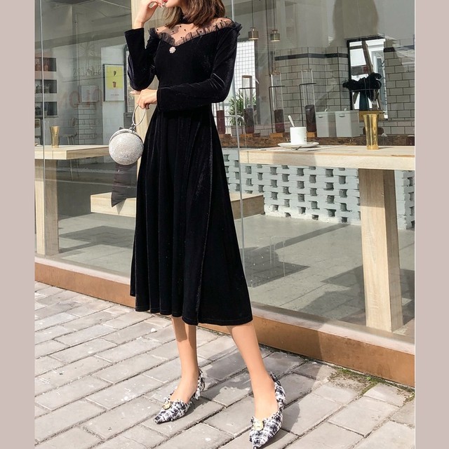 ベロアドレス デコルテメッシュ ビーズ ミモレ丈 ワンピース 長袖 Aライン 代 30代 結婚式 二次会 クリスマス お呼ばれ パーティー レディース R0113 Aeka Clothet Partydress