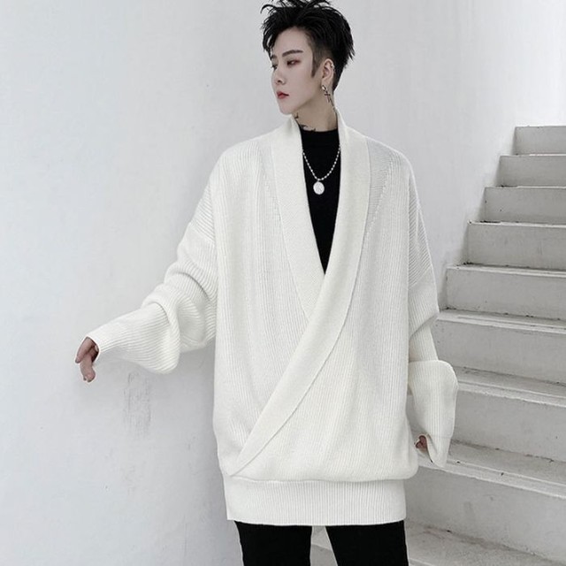 Vネック ニット セーター ジャケット オーバーサイズ ルーズフィット 無地 ブラック ホワイト 黒 白 韓国 カジュアル シック モード お支払い後日以内に発送 Top3 Garcons