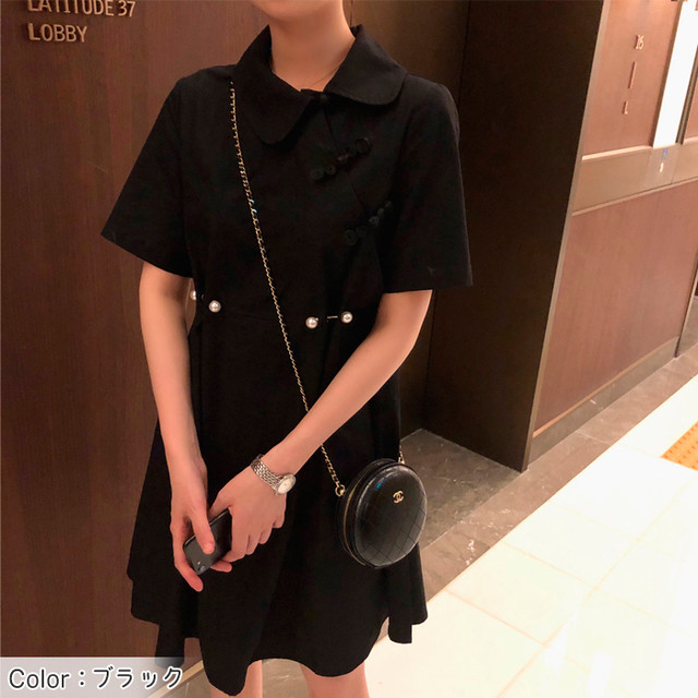 お支払い確認後日以内発送 Romelcheo 斜め チャイナボタン シンプル ワンピース 膝丈 黒 ベージュ レディース タックプリーツ 半袖 ロリータ 原宿系 青文字系 大人可愛い かわいい ゆめかわ 病みかわ 変形襟 シャツワンピ ガーリー 森ガール 漢服 普段着 ファッション