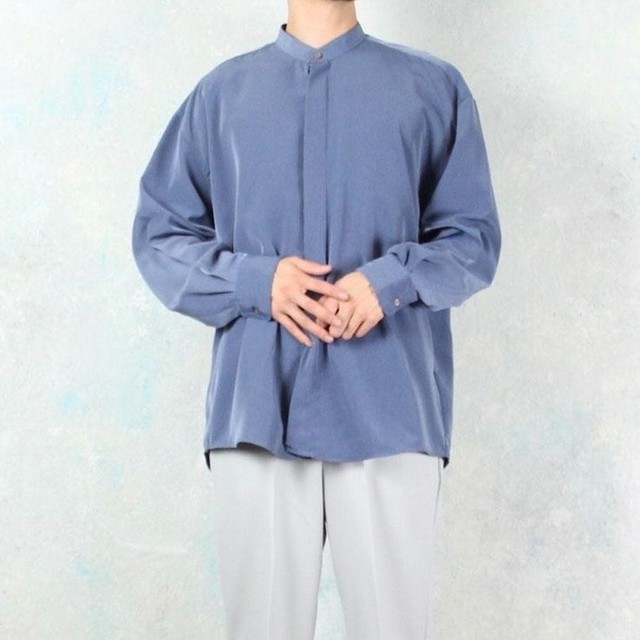 スモークブルー とろみファブリック バンドカラーシャツ Co 0818 Cv