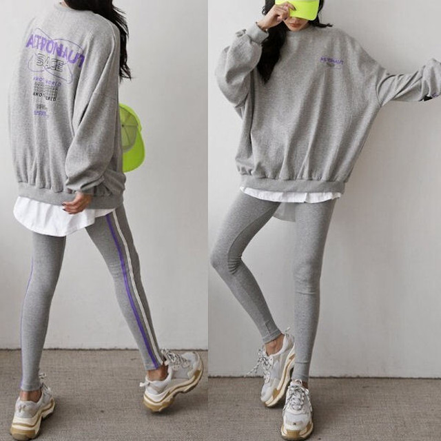 レイヤード プルオーバー レギンス レタリング 蛍光ライン セットアップ ルームウェア スウェット Set 長袖 上下 2点セット カジュアル 部屋着 ゆったり スポーツ ワークアウト ジム レディース K2 Nary ゴルフウェア セットアップ ワンピース 韓国ファッション通販