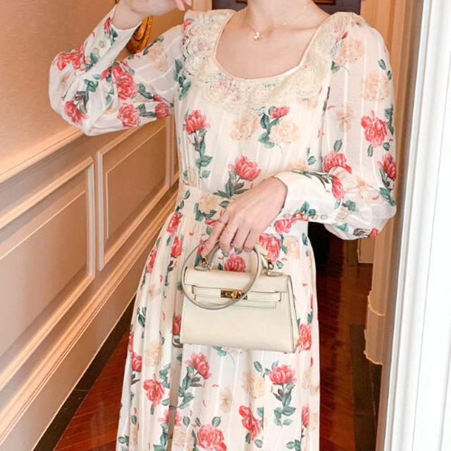 マキシワンピース レディース ロング丈 長袖 Aライン 花柄 着痩せ きれいめ ホワイト 夏 ２０代 ３０代 ４０代 くすみカラー Rb R3 06 Sa04 0061 Redbell