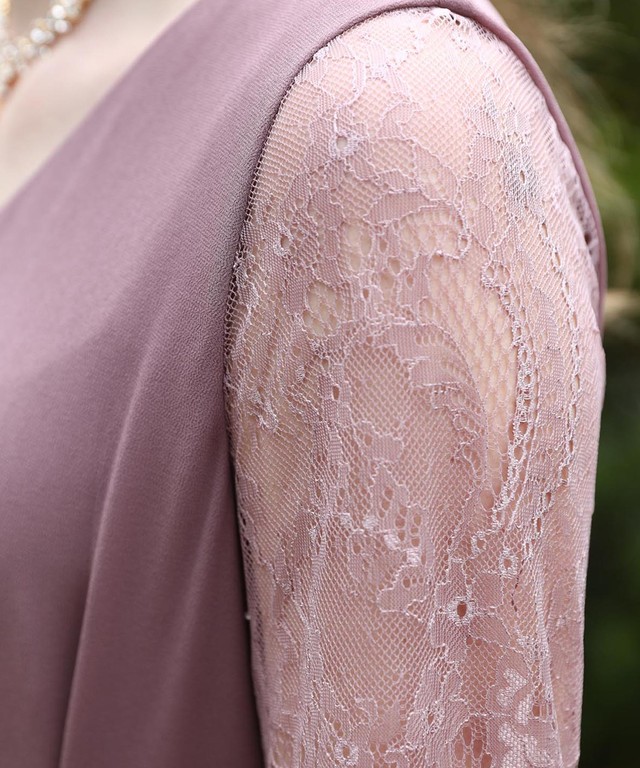 大きいサイズ有り 袖レースウエストタックロングワンピース カリーナ