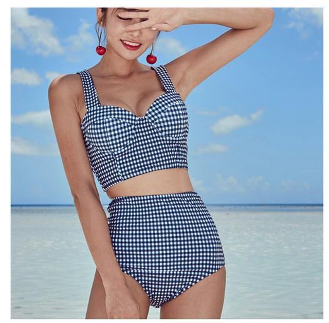 レディース ハイウエスト水着 背中 リボン ビキニ 紺 ギンガムチェック ガーリー Rondorire ロンドリール