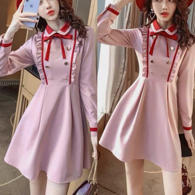 ワンピース お嬢様 ピンク パープル リボン 丸襟 Xl フレアスカート スクール Loveysmileshop