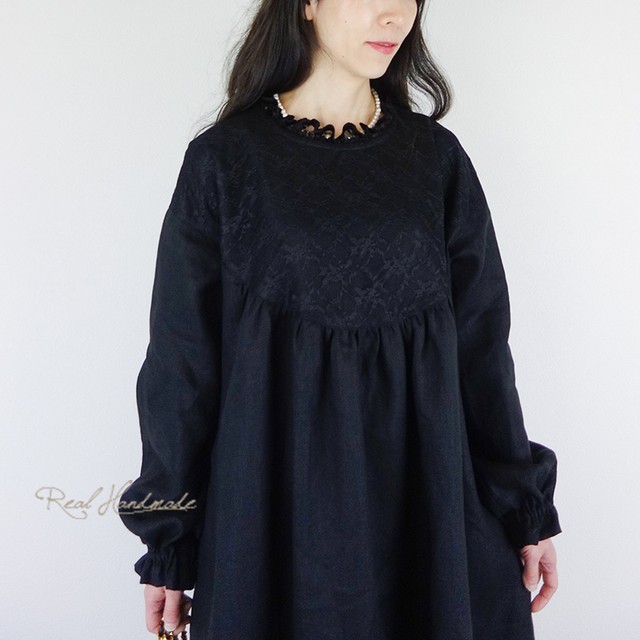 予約販売 ヨーロッパブラックリネンアンティーク風丸ヨーク袖フリルワンピース Realhandmade