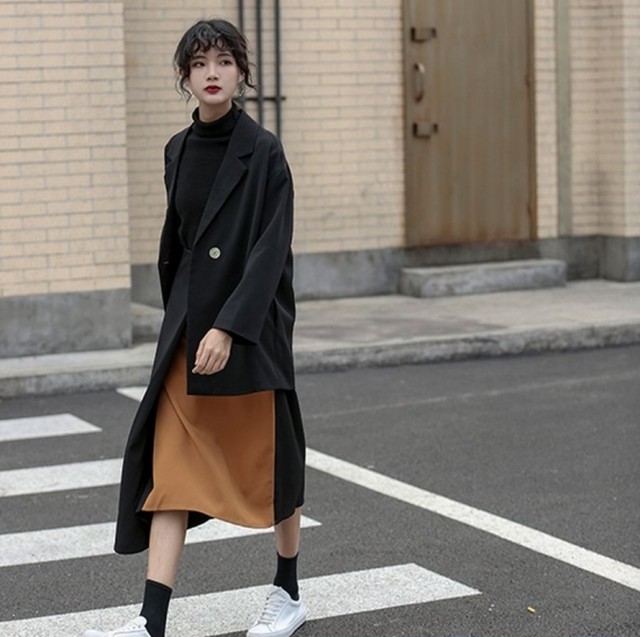 アシンメトリーひざ丈スカート ミモレ丈 バイカラー ブラウン ブラック サイドジッパー Aライン スカート 大人っぽい 個性的 秋 冬 着痩せ 履きやすい デート おしゃれ 海外ファッション 韓国 Leaflower 001 リーフラワー レディースファッション専門店