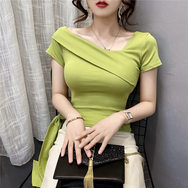 アシンメトリー トップス レディース 半袖 無地 おしゃれ ｔシャツ カットソー オフィスカジュアル ウエストタイ デコルテ美人 大人可愛い キュート トレンド 大人女子 代 30代 40代 An Allure