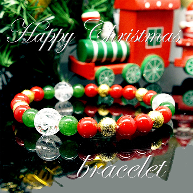 【Happy Xmas♪】天然石 クラック水晶&三色コーラル(珊瑚) クリスマスデザインブレスレット(6mm)★