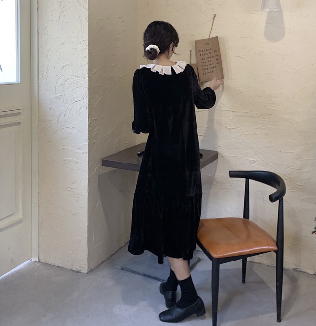 ワンピース ロング丈 レトロ 襟付き クラシカル モノトーン モノクロ 大人可愛い おしゃれ デート お出かけ Mh2281 Valentina210