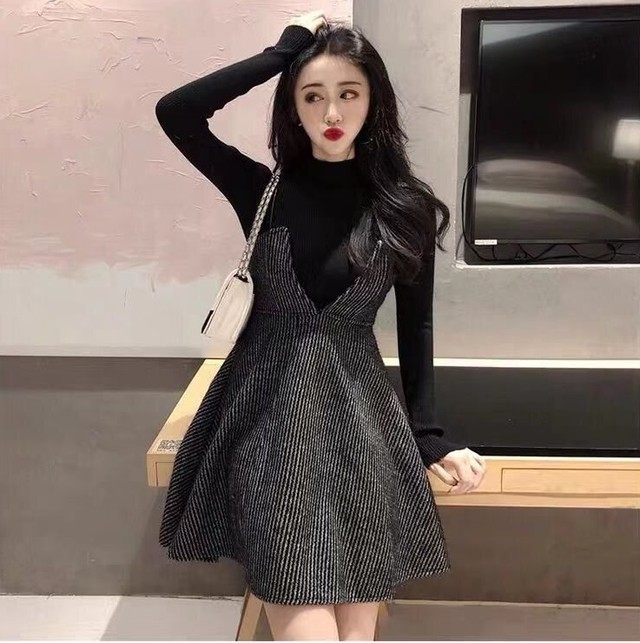 レイヤード ワンピース 秋冬 レディース 韓国 ファッション レディース ストラップ ワンピース サロペット ワンピース ストライプ 冬服 レディース フレアワンピース 大人ガーリー モノトーン シンプル セットアップ ミニワンピース 秋冬新作 Vestito
