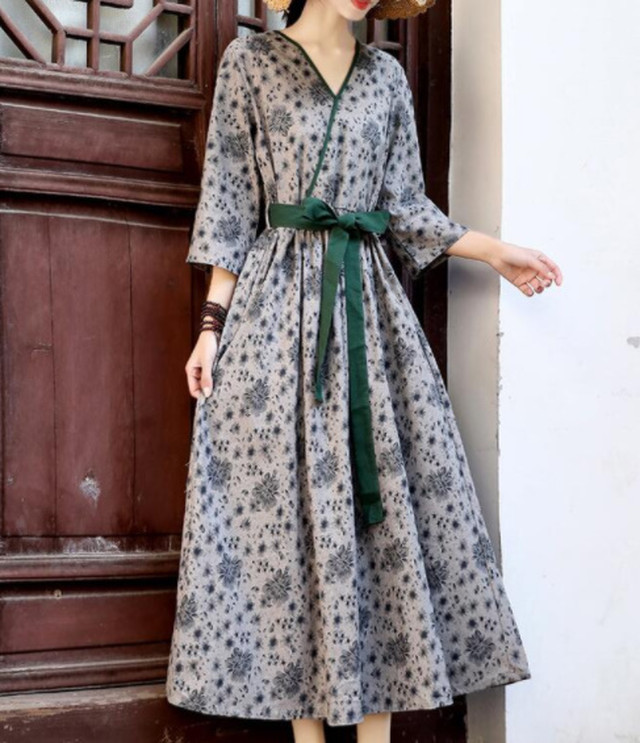 Top Mode ワンピース リネンワンピース ロング ウエストリボン ワンピース レディース 春夏 綿麻 リネン混 ロングワンピース ワンピ Vネック 柄 ニッチ ハイストリート ゆったり グレー オーバーサイズ 個性的 代 30代 きれいめ モダン 春夏 着痩せ効果 大人カジュアル
