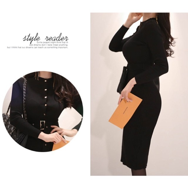 韓国 ファッション レディース ワンピース パーティードレス ひざ丈 ミディアム 冬 ブライダル 黒 ブラック 袖あり 同窓会 ドレス T ラフィーネ ドレス パーティードレス