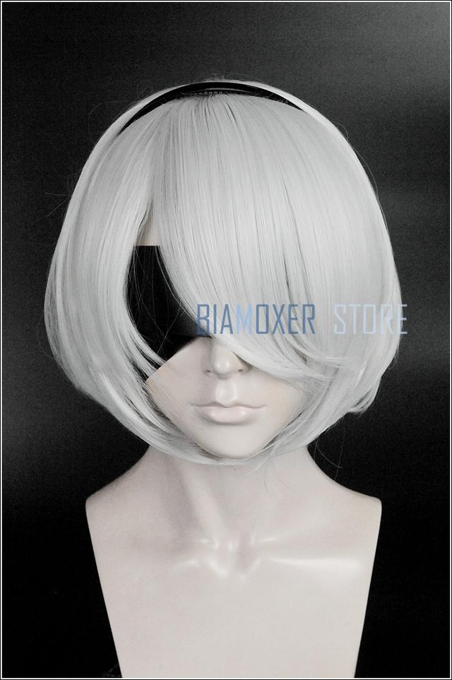 ニーア オートマトン2b Yorha号2タイプbヒロインショートシルバーホワイトボボ耐熱コスプレ衣装ウィッグ 含まれていませアイパッチ Cutekawaii