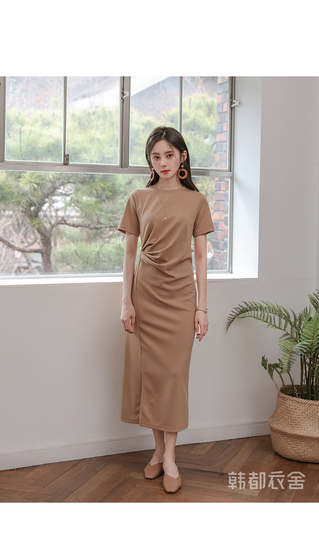 ワンピース ロング丈 ラウンドネック 半袖 Iライン ウエストねじれ こなれ感 春夏秋 ベージュ ミント ウッディーベース1号店