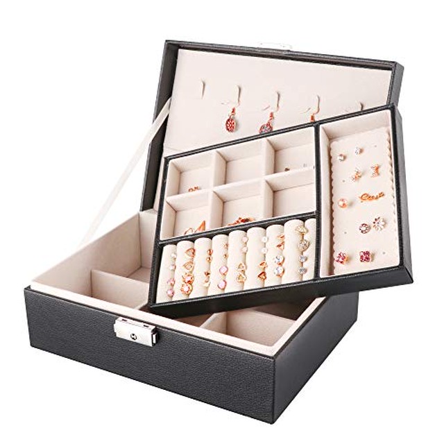 Jpcs Seavish ジュエリーボックス 大容量 2段 コンパクト ジュエリー収納 宝石箱 レザー ジュエリーケース アクセサリーボックス 小物入れ 鍵付き 贈り物 プレゼント レディース ブラック Az Japan Classic Store