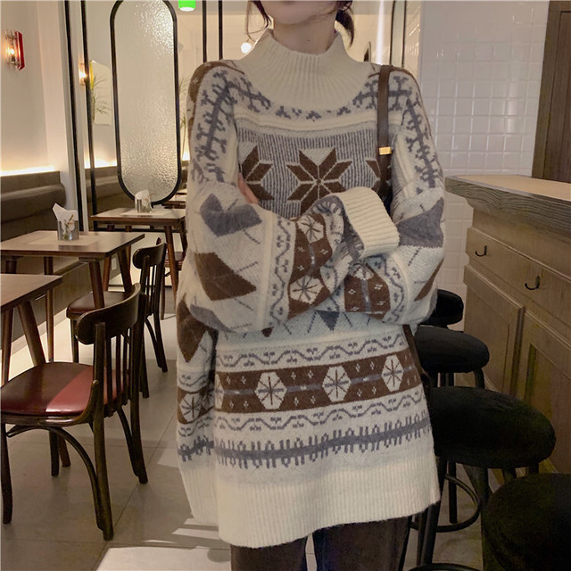 トップス ニット セーター レディース 秋冬 ノルディック柄 タートルネック 長袖 チュニック 白 カジュアル こなれ感 お出かけ Evergreen